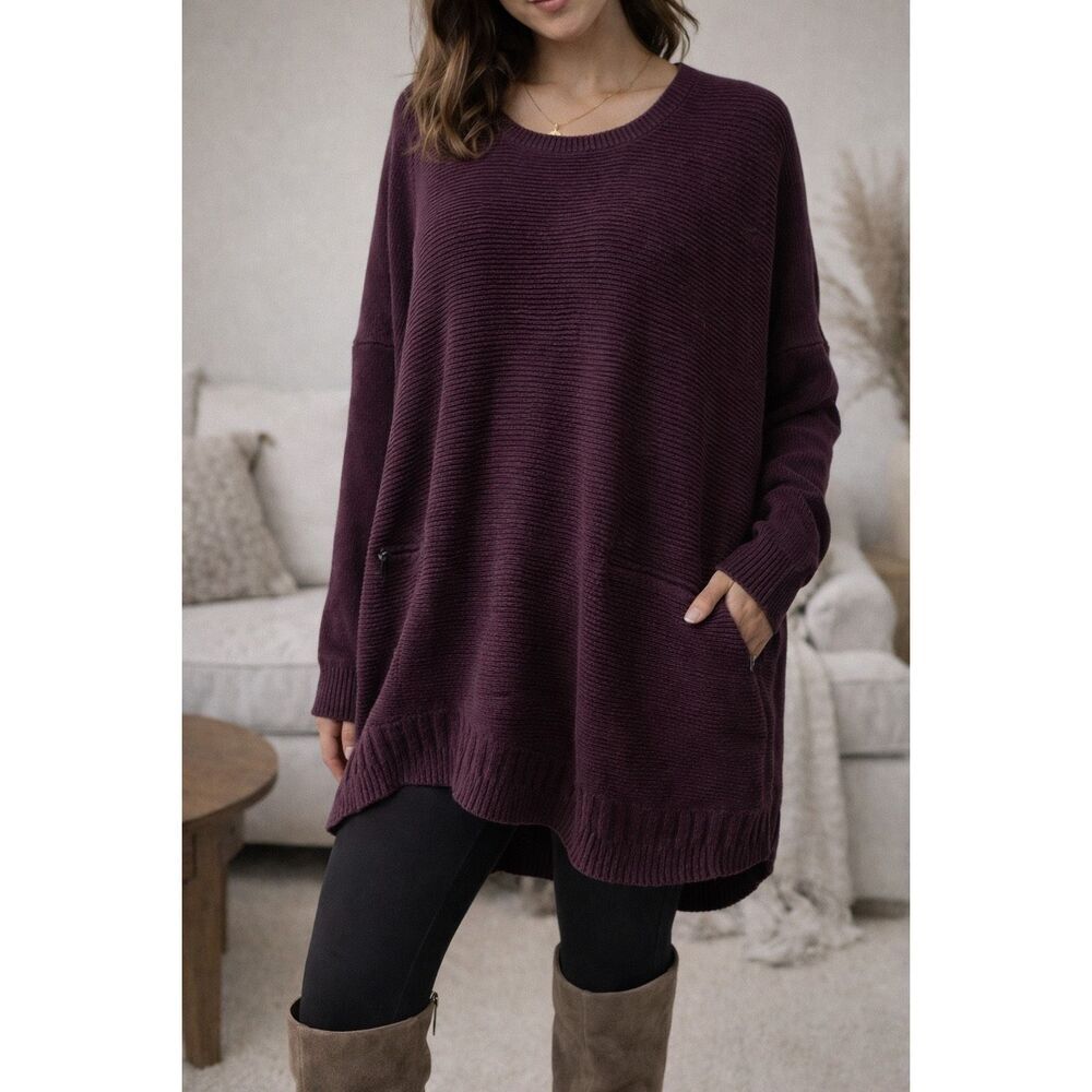 Victoria’s Secret Oversized Knit Sweater Burgundy Plum Ribbed Pocket Cozy Pullov